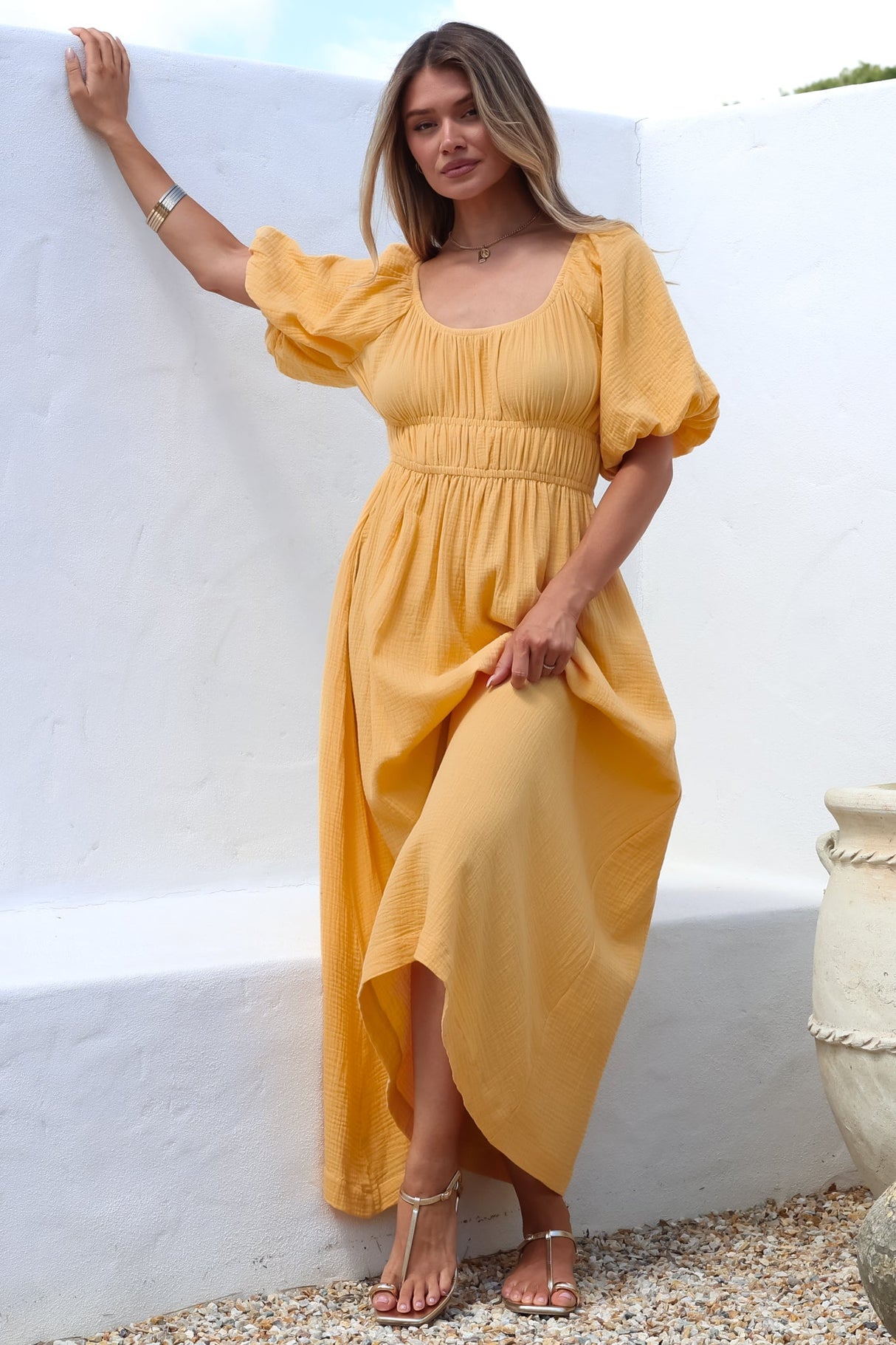 Teddie Maxi Dress - On or Off Shoulder Gathered Waist A-Line Dress in Mustard