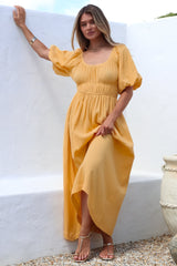 Teddie Maxi Dress - On or Off Shoulder Gathered Waist A-Line Dress in Mustard