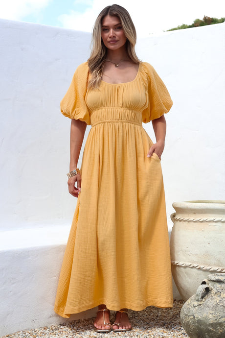 Teddie Maxi Dress - On or Off Shoulder Gathered Waist A-Line Dress in Mustard