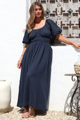 Teddie Maxi Dress - On or Off Shoulder Gathered Waist A-Line Dress in Navy