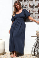 Teddie Maxi Dress - On or Off Shoulder Gathered Waist A-Line Dress in Navy