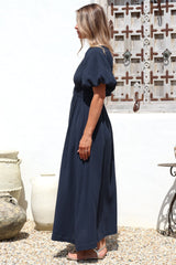 Teddie Maxi Dress - On or Off Shoulder Gathered Waist A-Line Dress in Navy