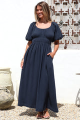 Teddie Maxi Dress - On or Off Shoulder Gathered Waist A-Line Dress in Navy