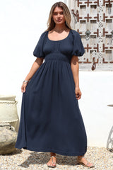 Teddie Maxi Dress - On or Off Shoulder Gathered Waist A-Line Dress in Navy