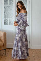 Teegan Maxi Dress - Off Shoulder Scarf Sleeve Maxi Dress in Lilac Lullaby Print