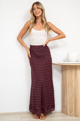 Tellina Maxi Skirt - High Waisted Bias-Cut Maxi Skirt with Lace Trimmed Hem in Wine Polka Dot