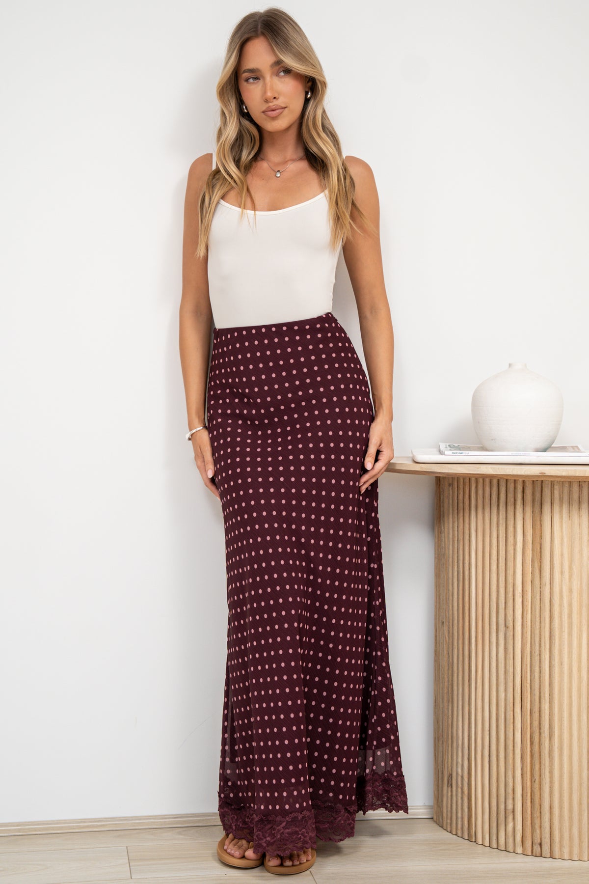 Tellina Maxi Skirt - High Waisted Bias-Cut Maxi Skirt with Lace Trimmed Hem in Wine Polka Dot