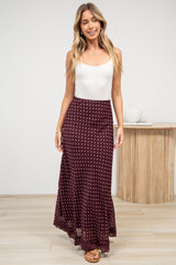 Tellina Maxi Skirt - High Waisted Bias-Cut Maxi Skirt with Lace Trimmed Hem in Wine Polka Dot
