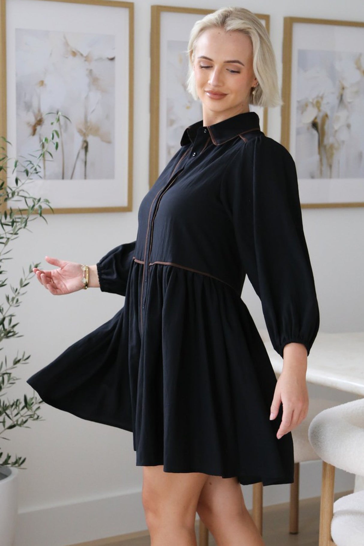 Tenley Mini Dress - Contrast Trim Button Down Smock Dress in Black