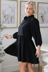 Tenley Mini Dress - Contrast Trim Button Down Smock Dress in Black