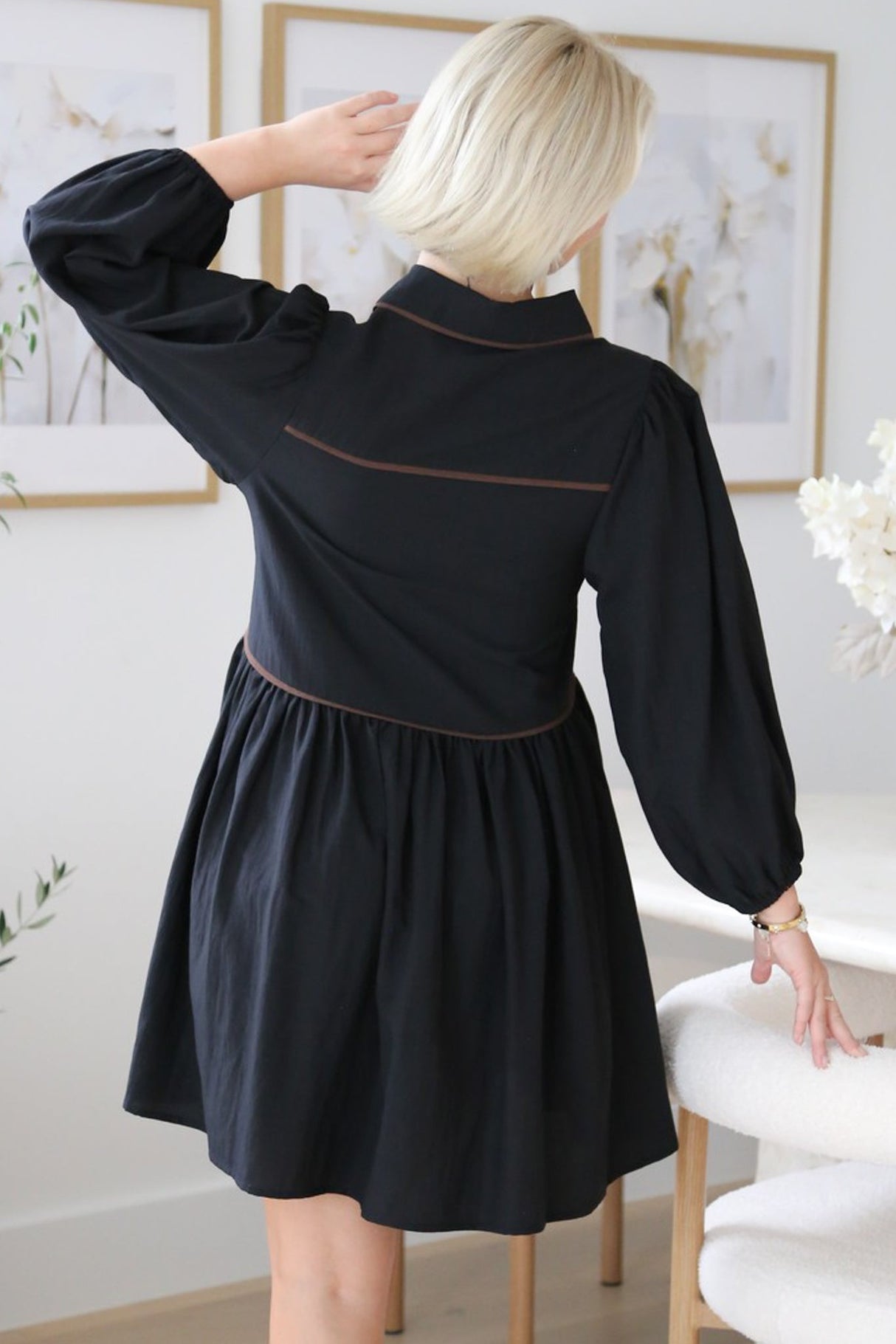 Tenley Mini Dress - Contrast Trim Button Down Smock Dress in Black