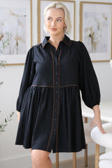 Tenley Mini Dress - Contrast Trim Button Down Smock Dress in Black