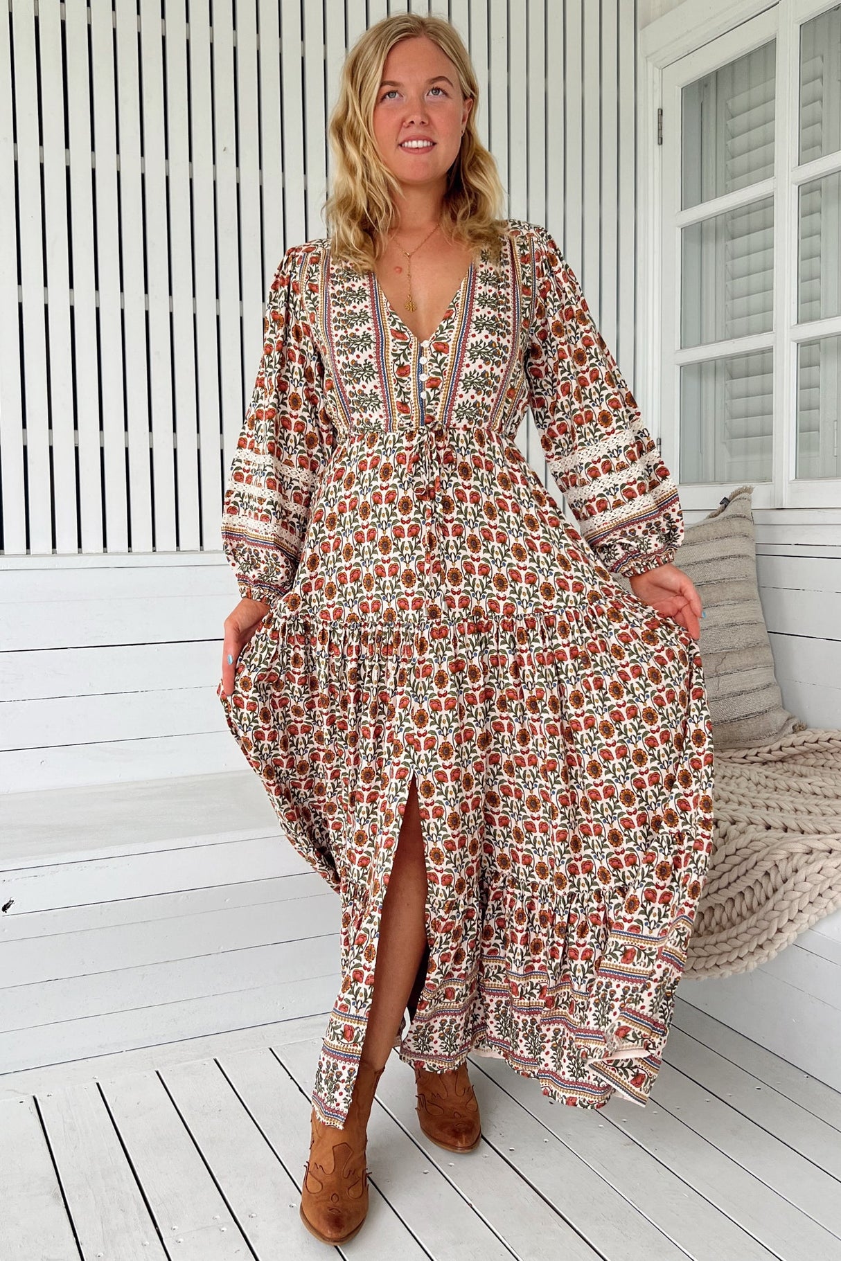 JAASE - Teresa Lace Maxi Dress: A Line Dress with Long Balloon Sleeves in Harlowe Print