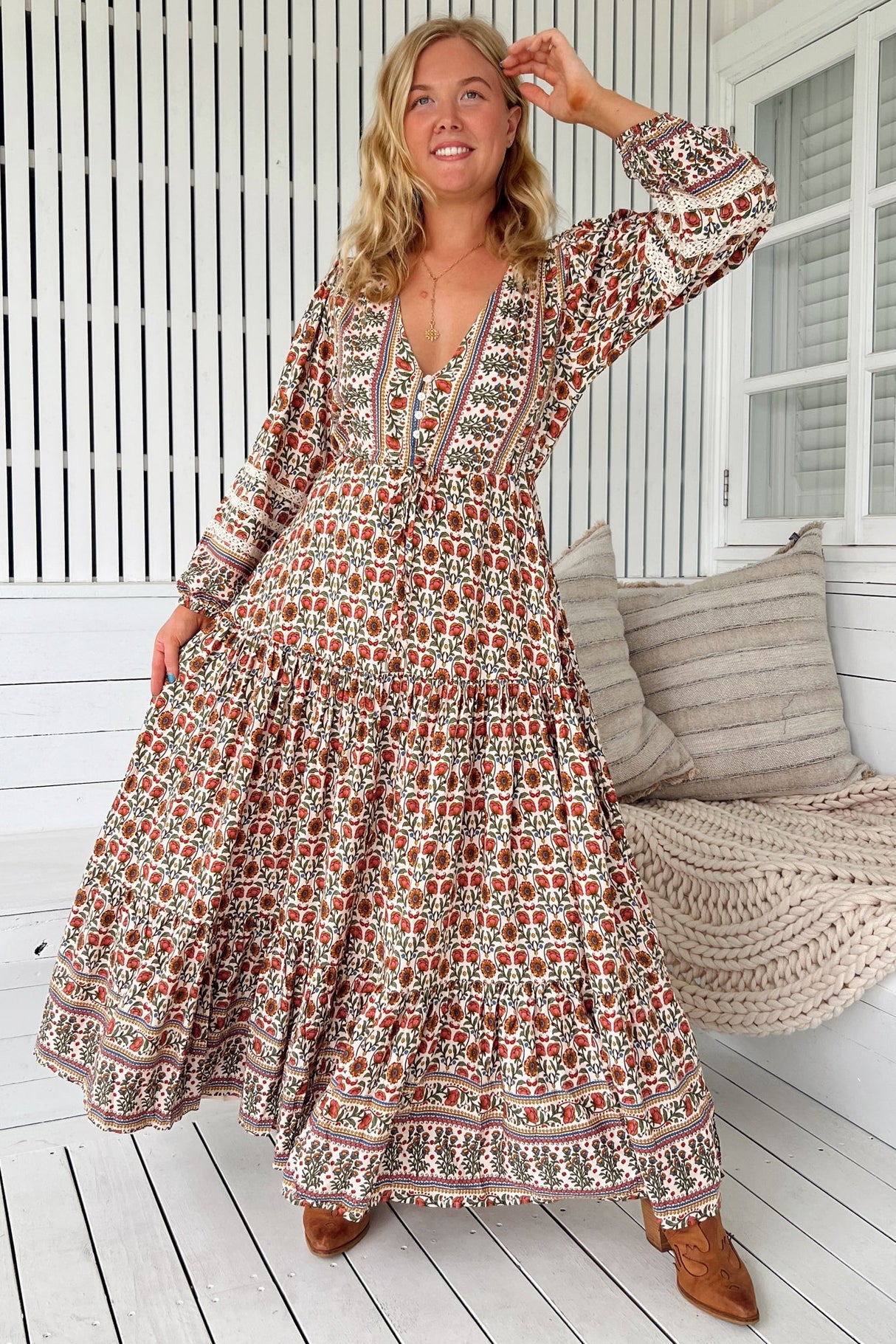 JAASE - Teresa Lace Maxi Dress: A Line Dress with Long Balloon Sleeves in Harlowe Print
