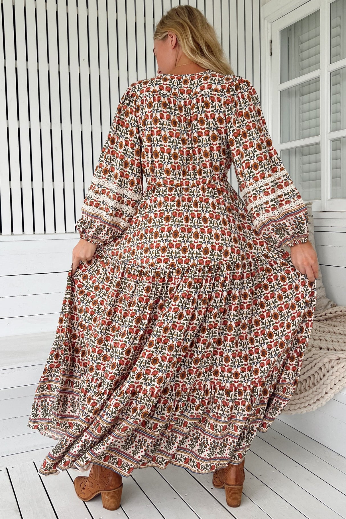 JAASE - Teresa Lace Maxi Dress: A Line Dress with Long Balloon Sleeves in Harlowe Print