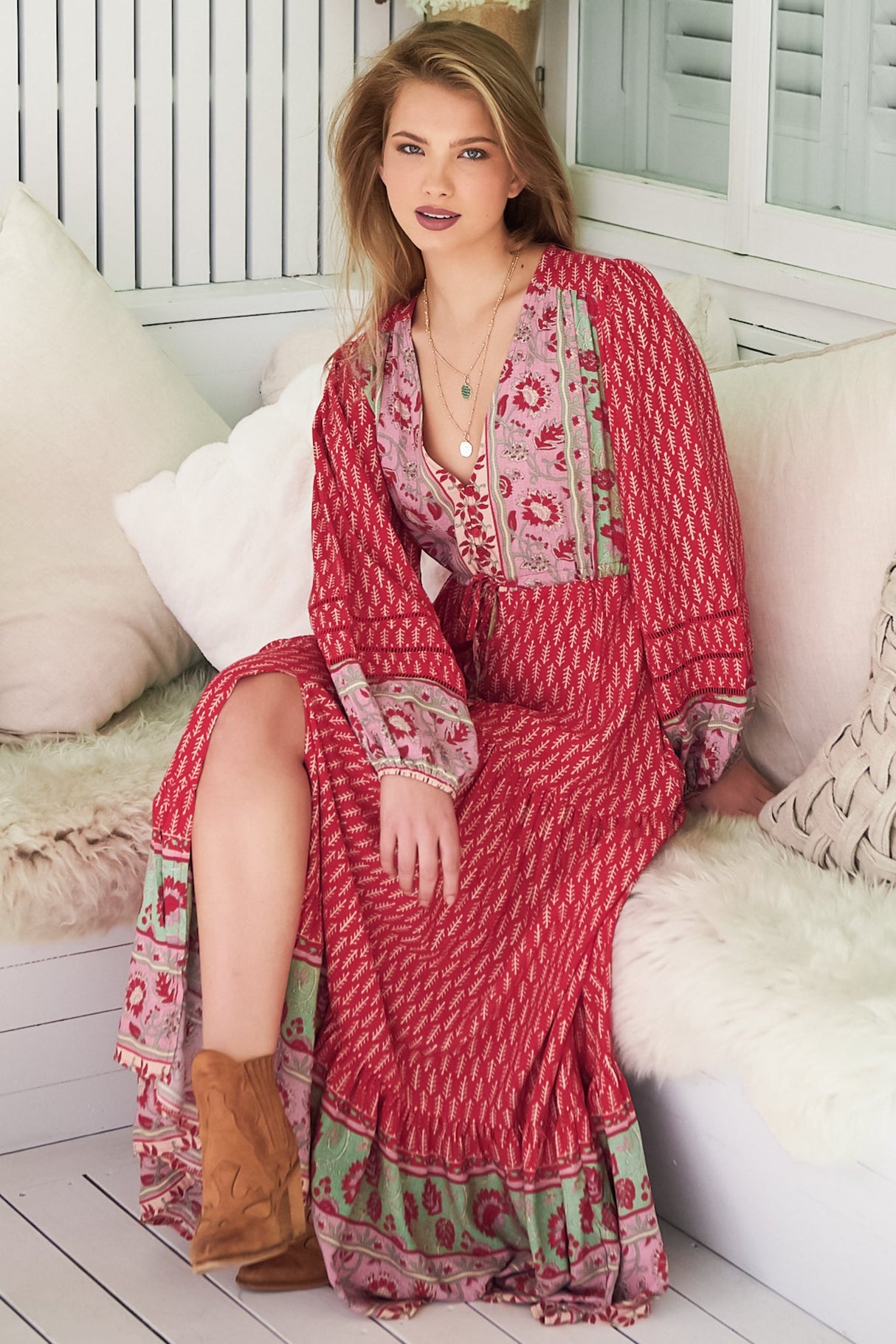 JAASE - Teresa Ladder Lace Maxi Dress: A Line Dress with Long Balloon Sleeves in Zelie Print