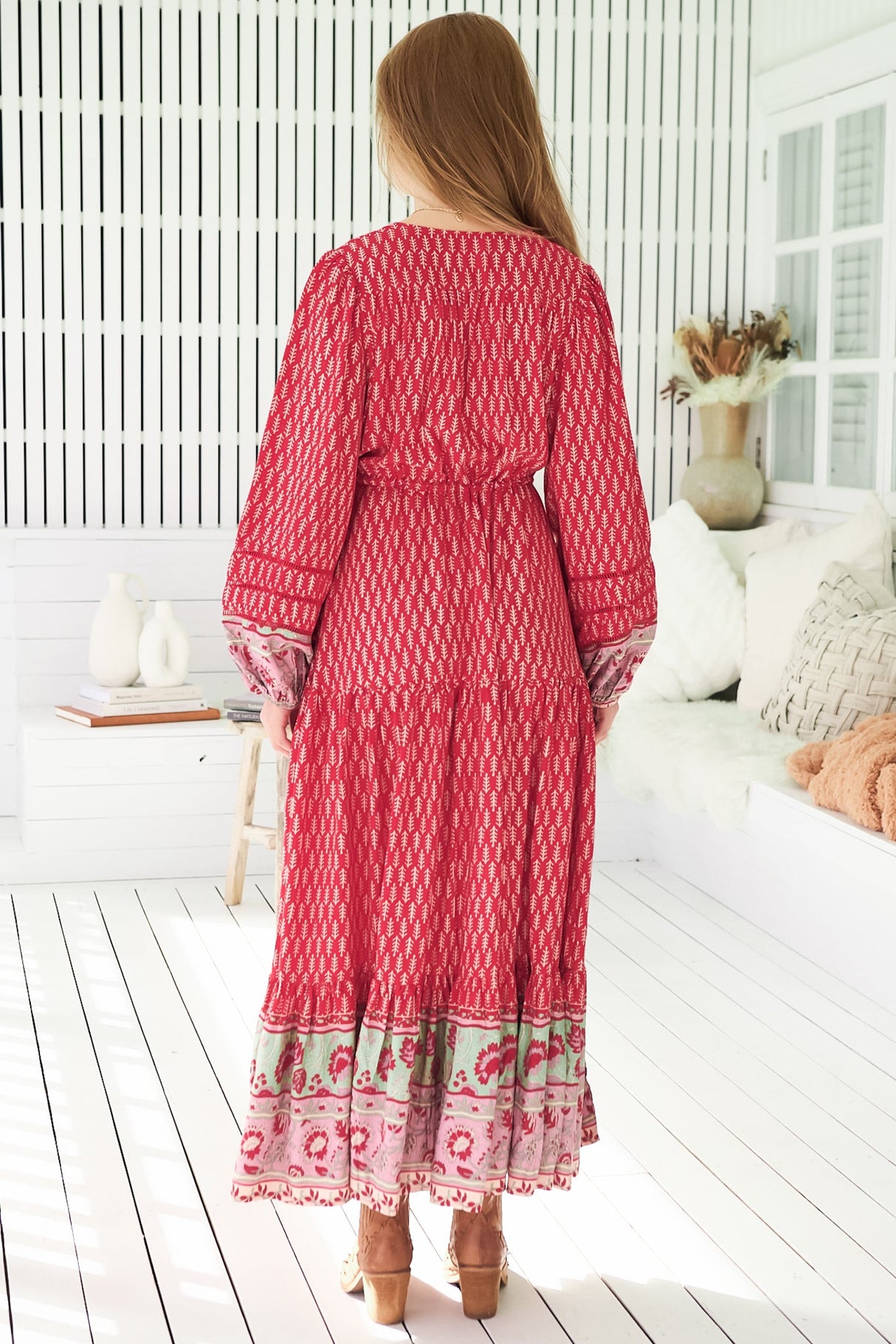 JAASE - Teresa Ladder Lace Maxi Dress: A Line Dress with Long Balloon Sleeves in Zelie Print