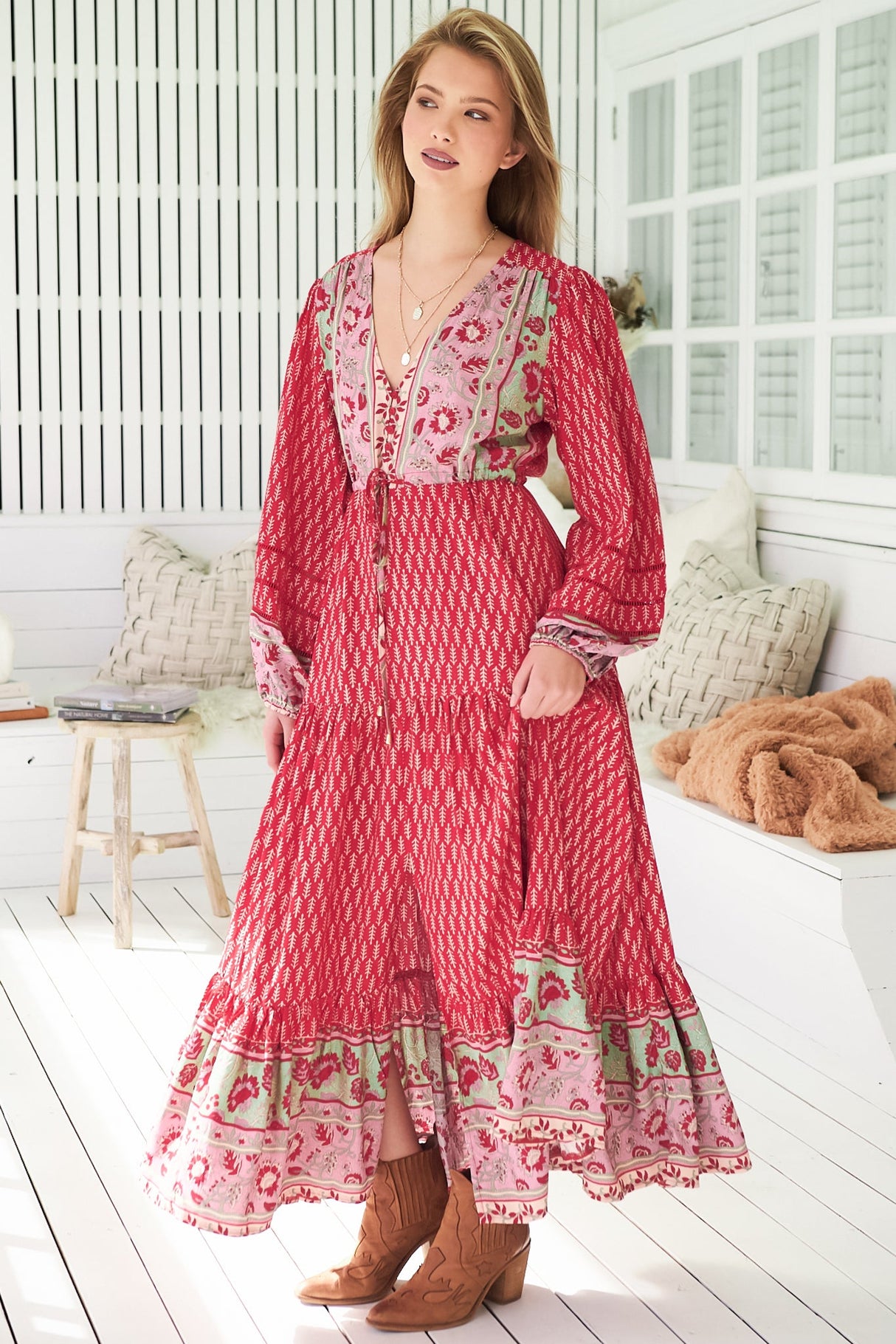 JAASE - Teresa Ladder Lace Maxi Dress: A Line Dress with Long Balloon Sleeves in Zelie Print
