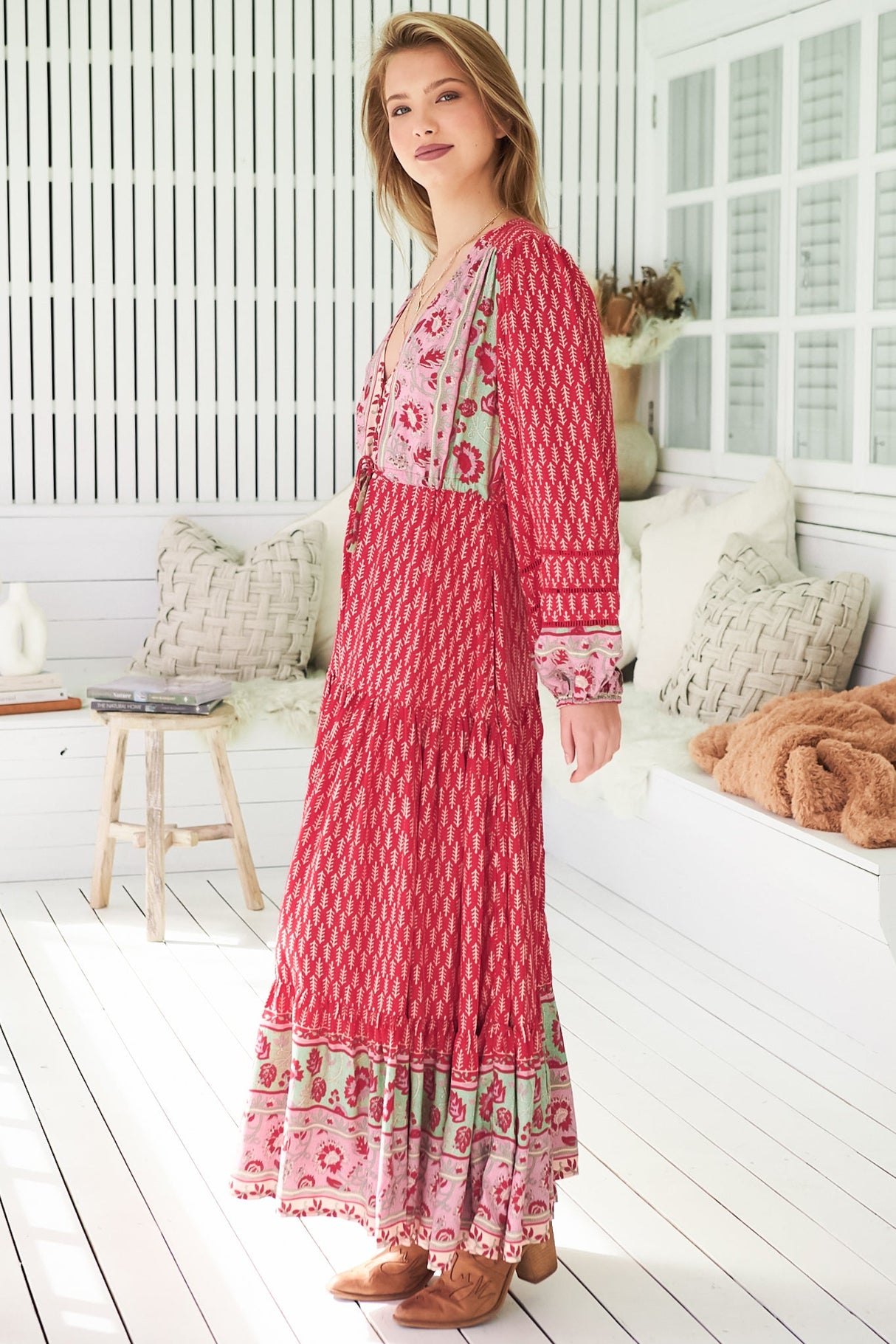 JAASE - Teresa Ladder Lace Maxi Dress: A Line Dress with Long Balloon Sleeves in Zelie Print