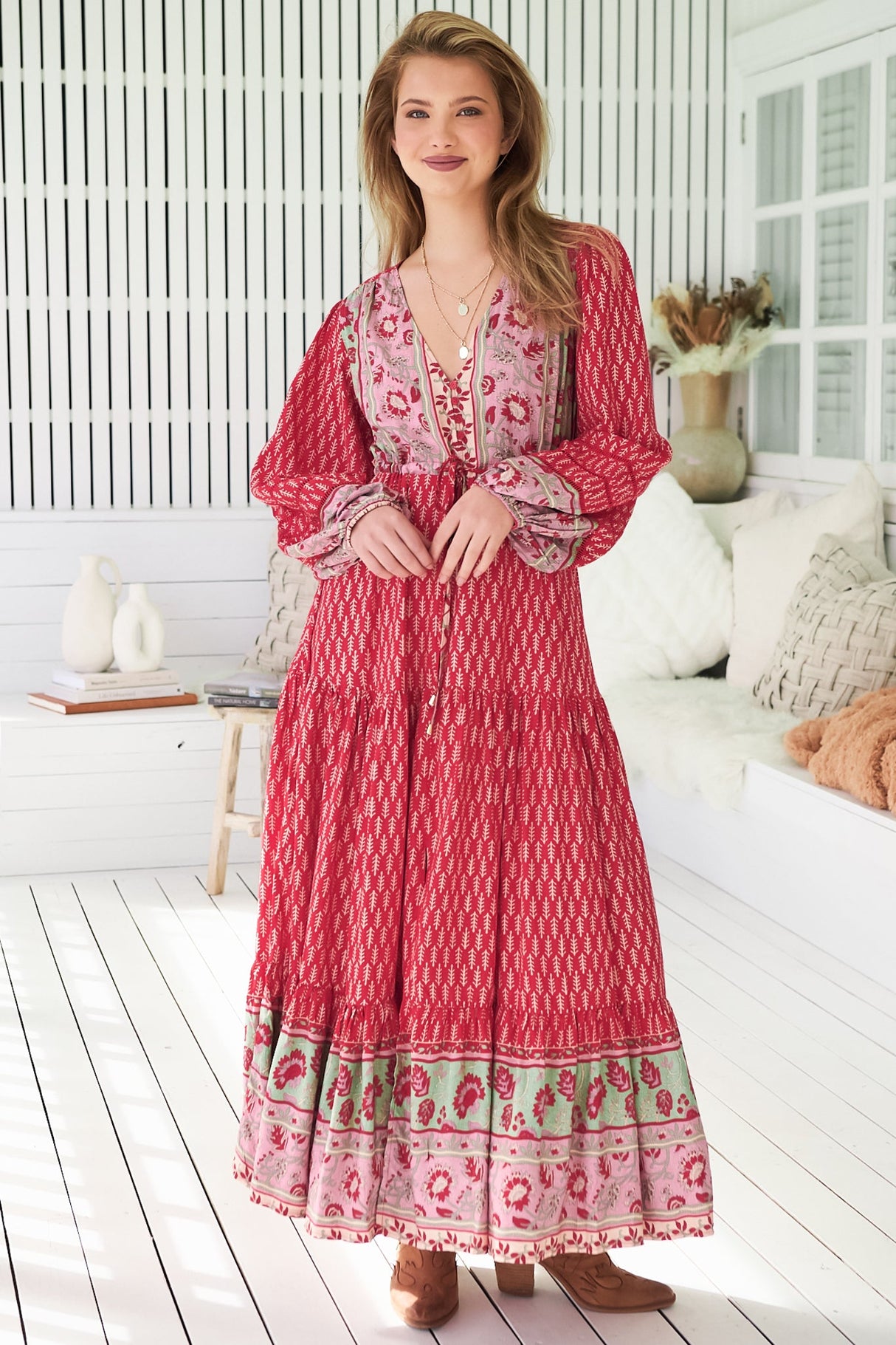JAASE - Teresa Ladder Lace Maxi Dress: A Line Dress with Long Balloon Sleeves in Zelie Print