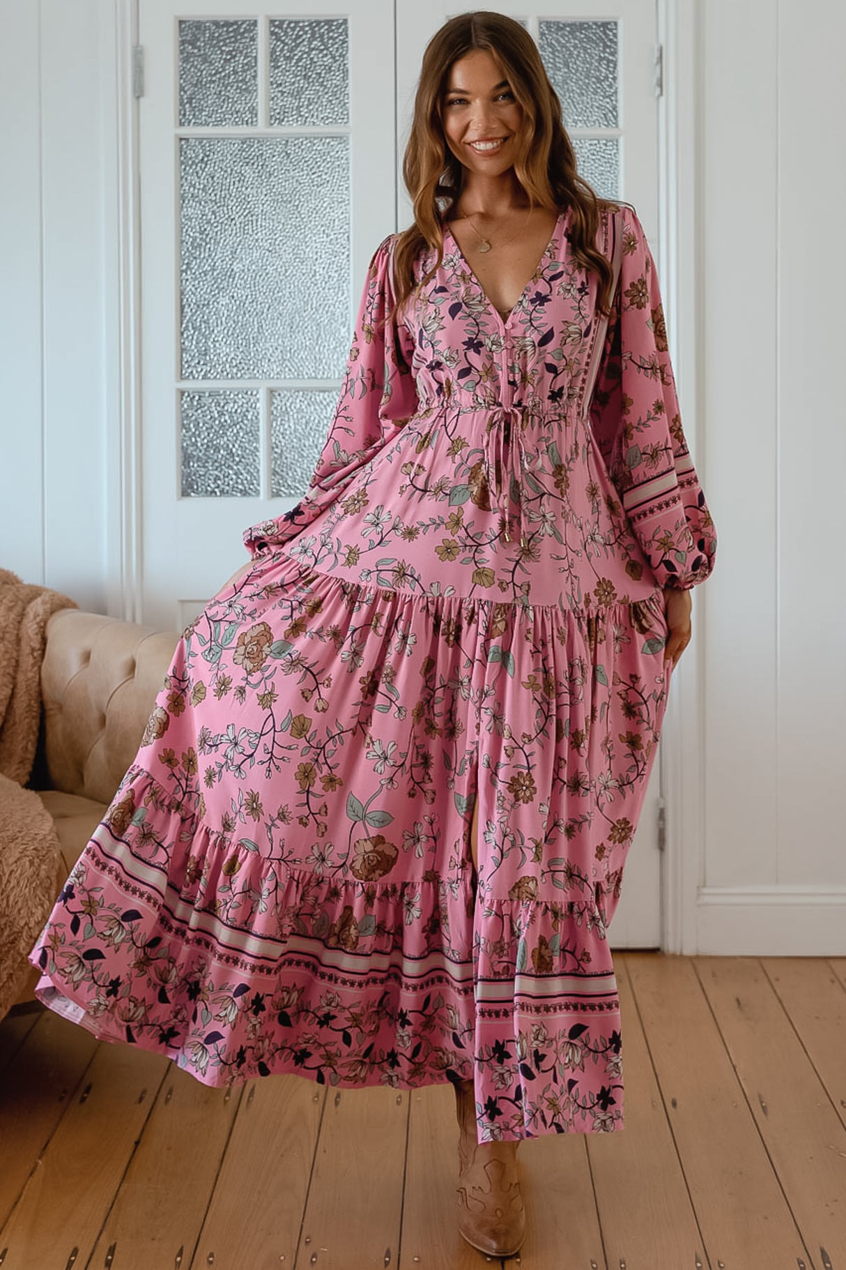 JAASE - Teresa Maxi Dress: A Line Dress with Long Balloon Sleeves in Elara Print