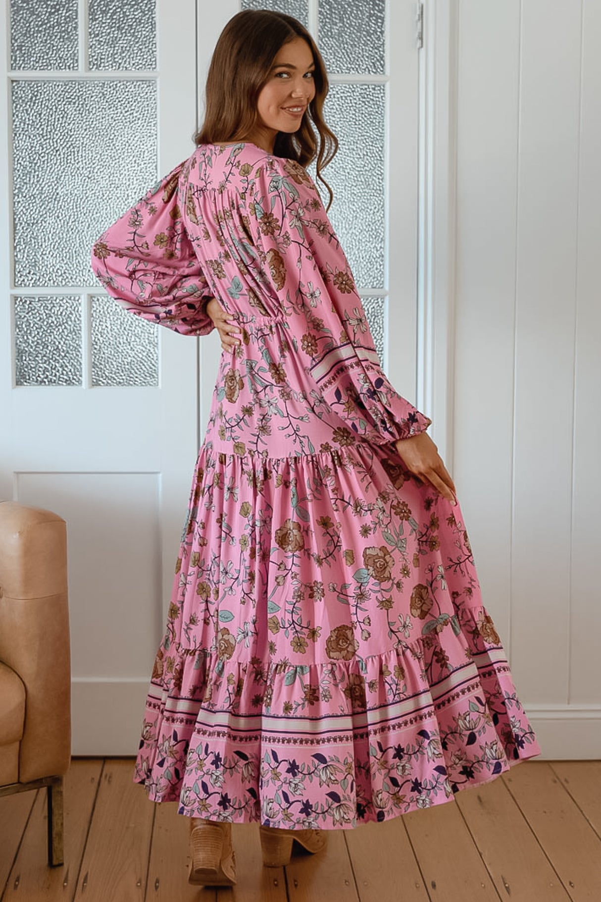 JAASE - Teresa Maxi Dress: A Line Dress with Long Balloon Sleeves in Elara Print