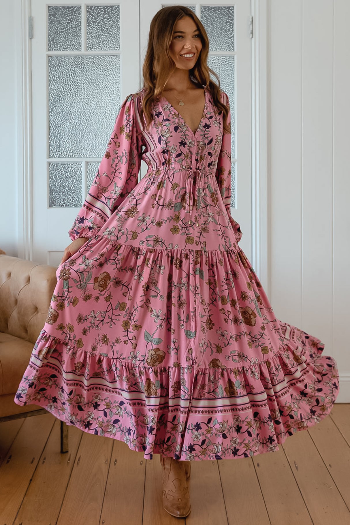 JAASE - Teresa Maxi Dress: A Line Dress with Long Balloon Sleeves in Elara Print