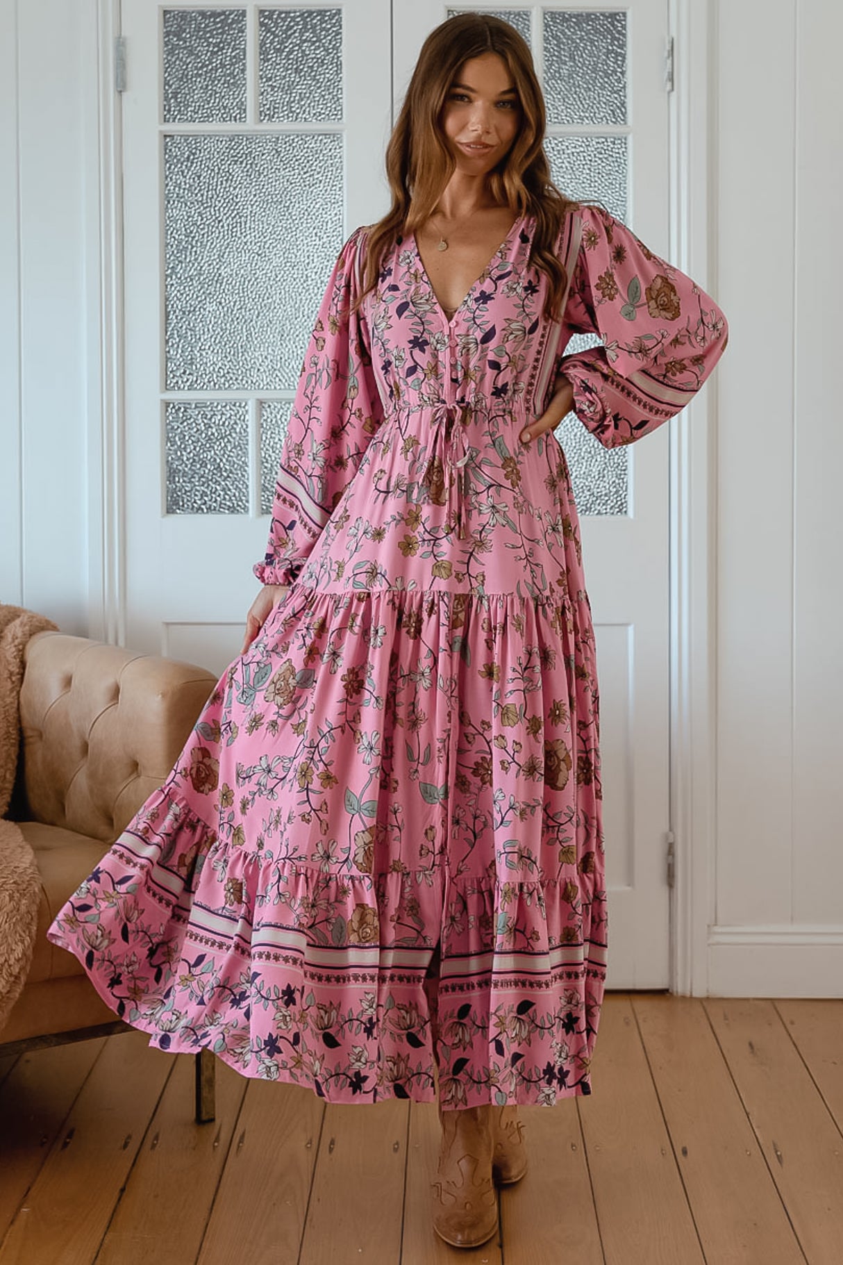 JAASE - Teresa Maxi Dress: A Line Dress with Long Balloon Sleeves in Elara Print