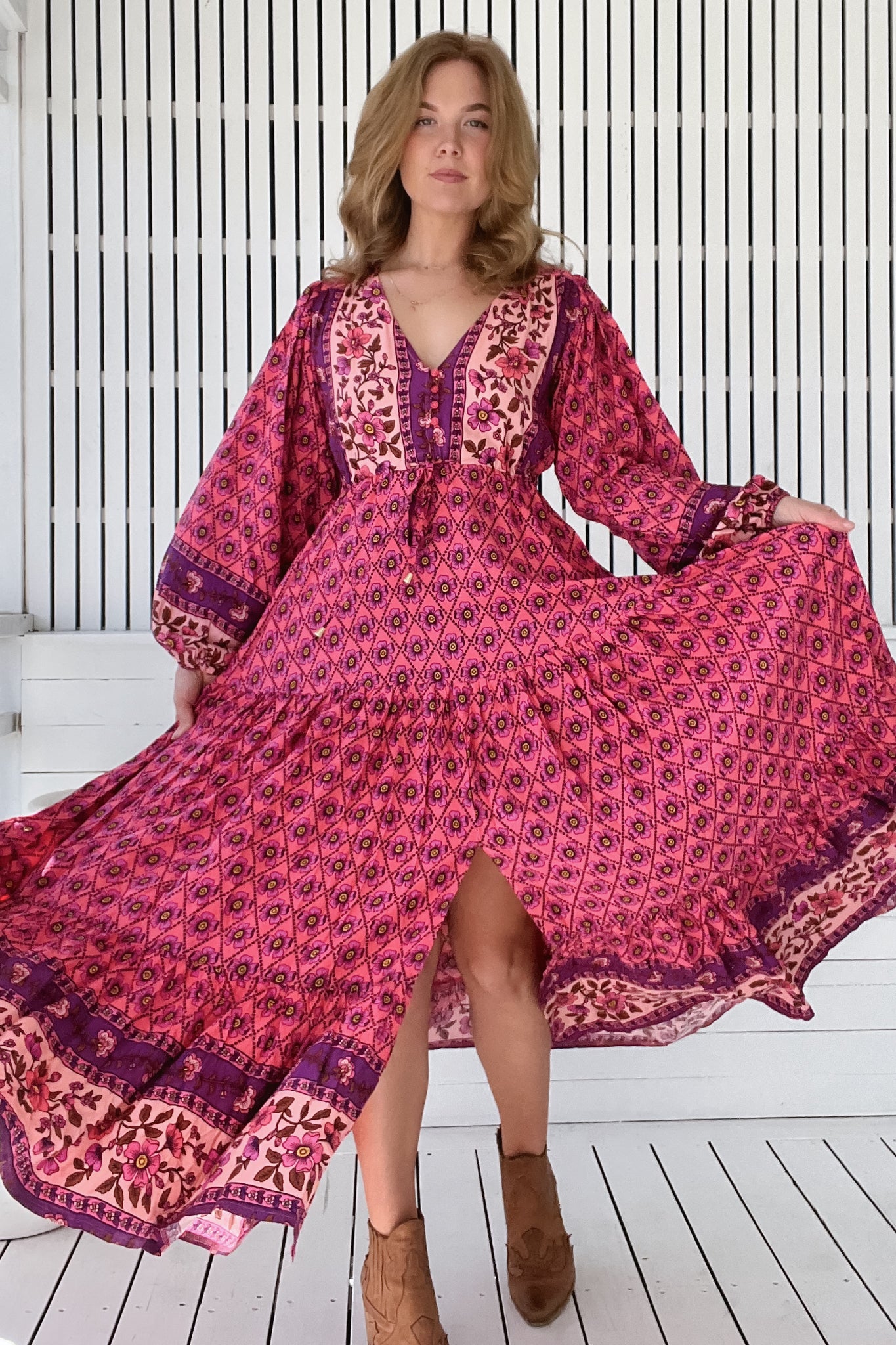 JAASE - Teresa Maxi Dress: A Line Dress with Long Balloon Sleeves in Jolene Print