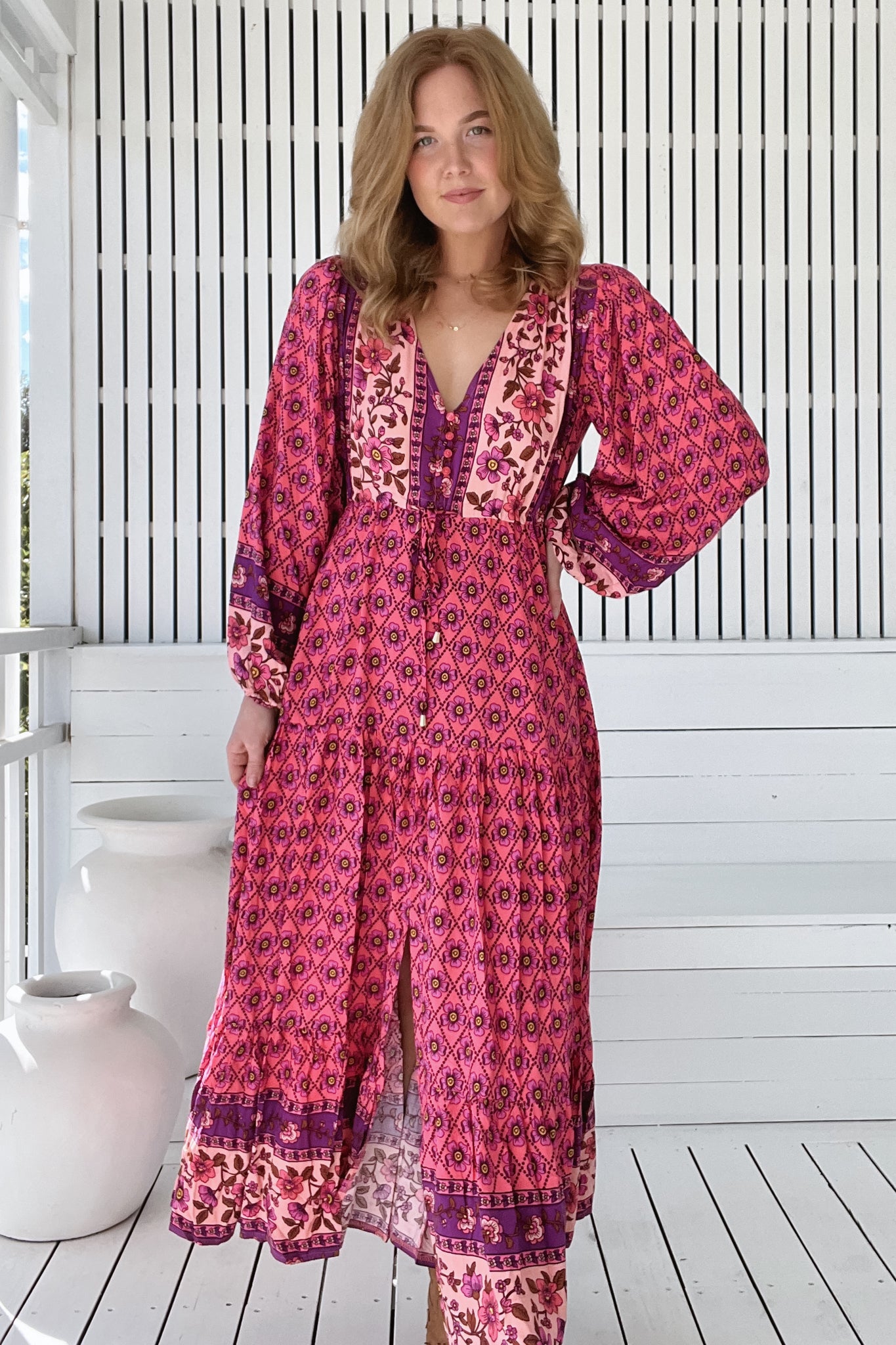 JAASE - Teresa Maxi Dress: A Line Dress with Long Balloon Sleeves in Jolene Print