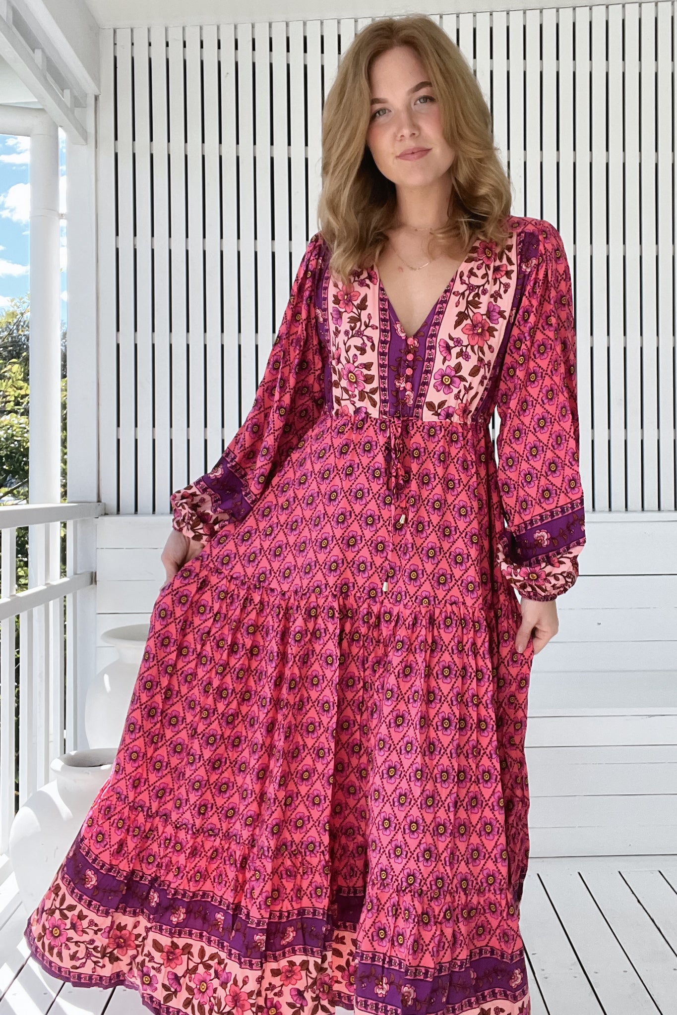 JAASE - Teresa Maxi Dress: A Line Dress with Long Balloon Sleeves in Jolene Print