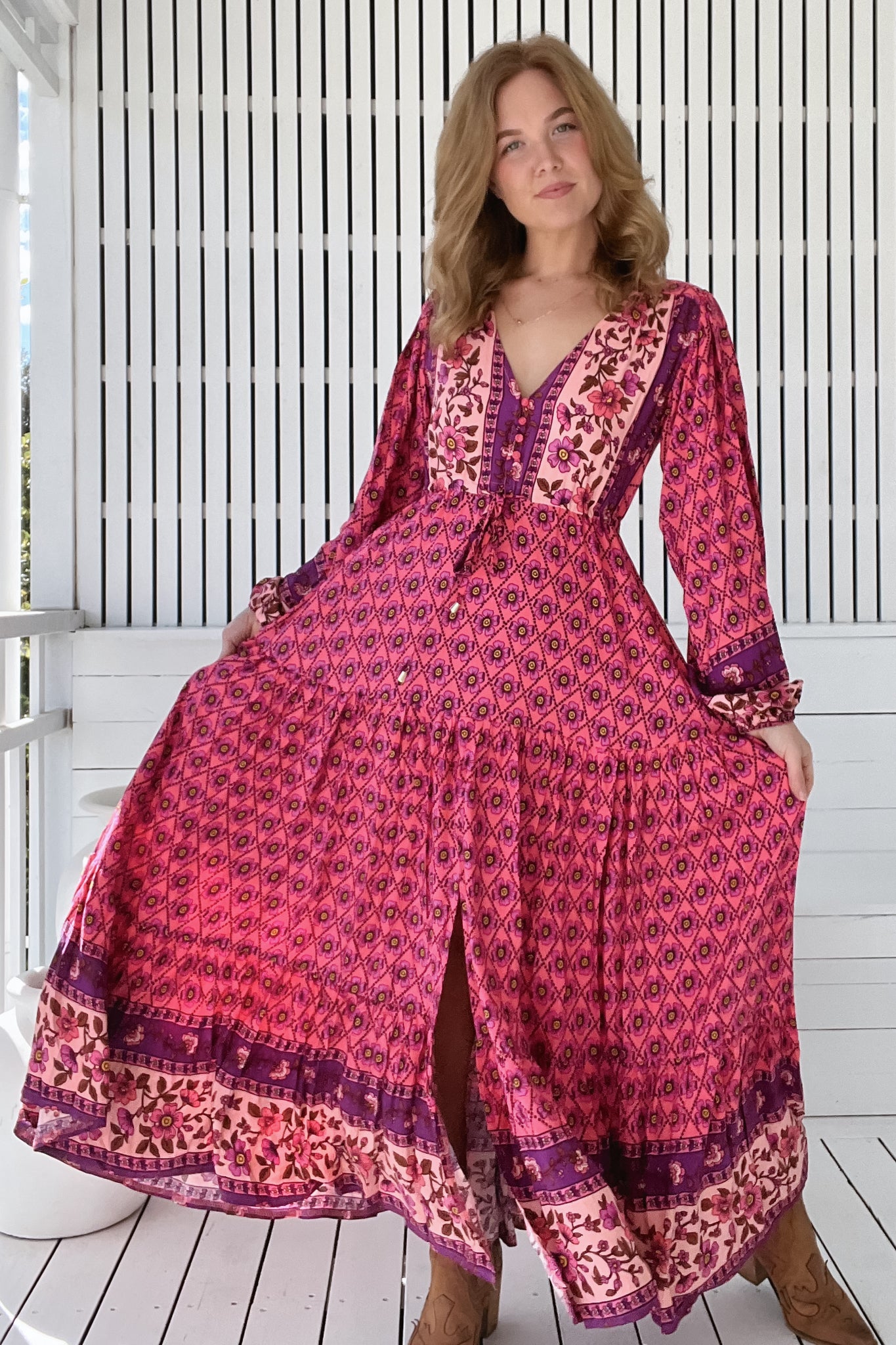 JAASE - Teresa Maxi Dress: A Line Dress with Long Balloon Sleeves in Jolene Print