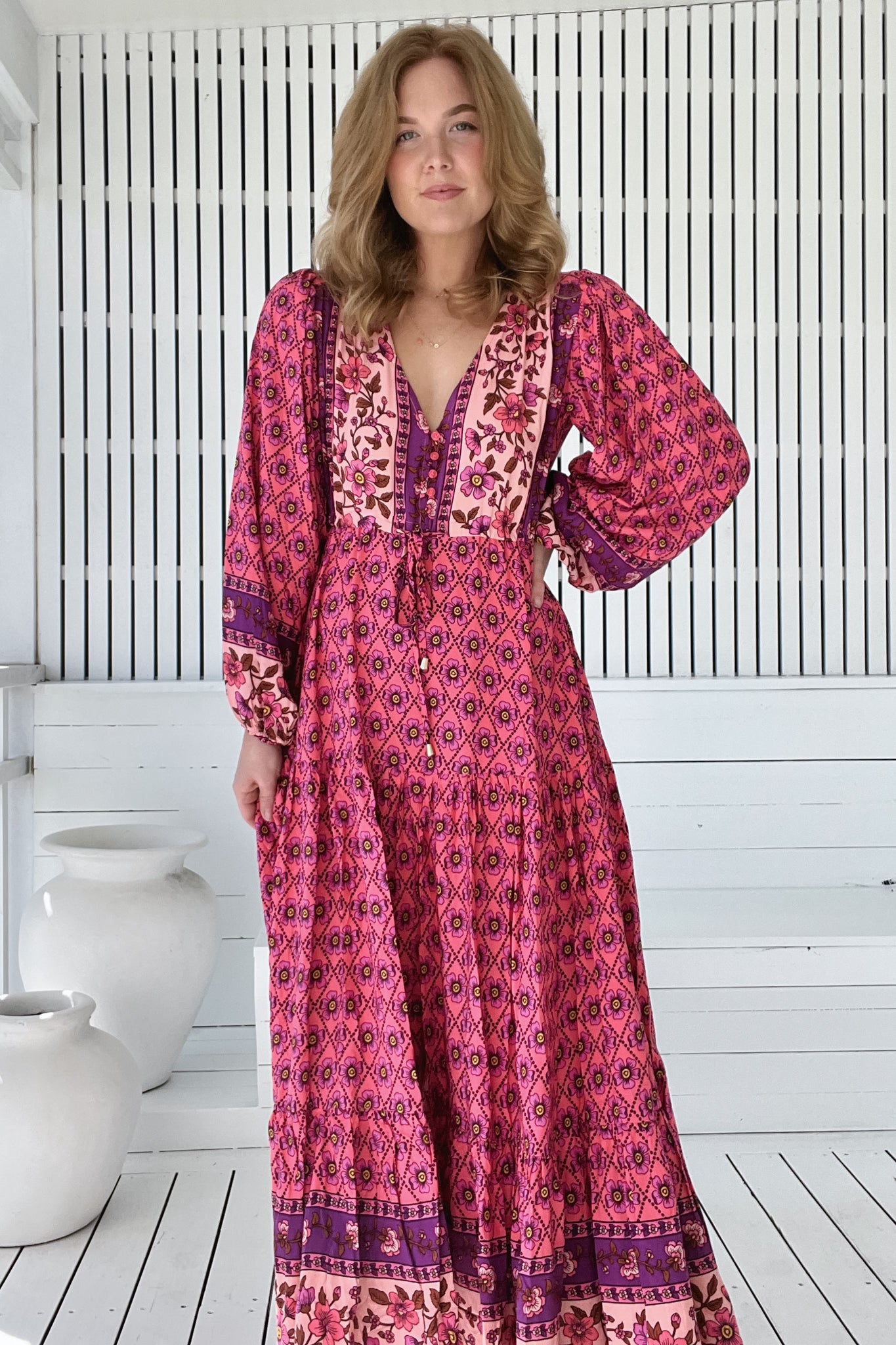 JAASE - Teresa Maxi Dress: A Line Dress with Long Balloon Sleeves in Jolene Print