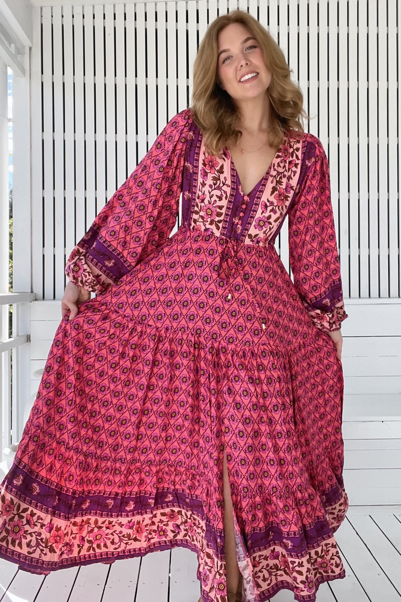 JAASE - Teresa Maxi Dress: A Line Dress with Long Balloon Sleeves in Jolene Print