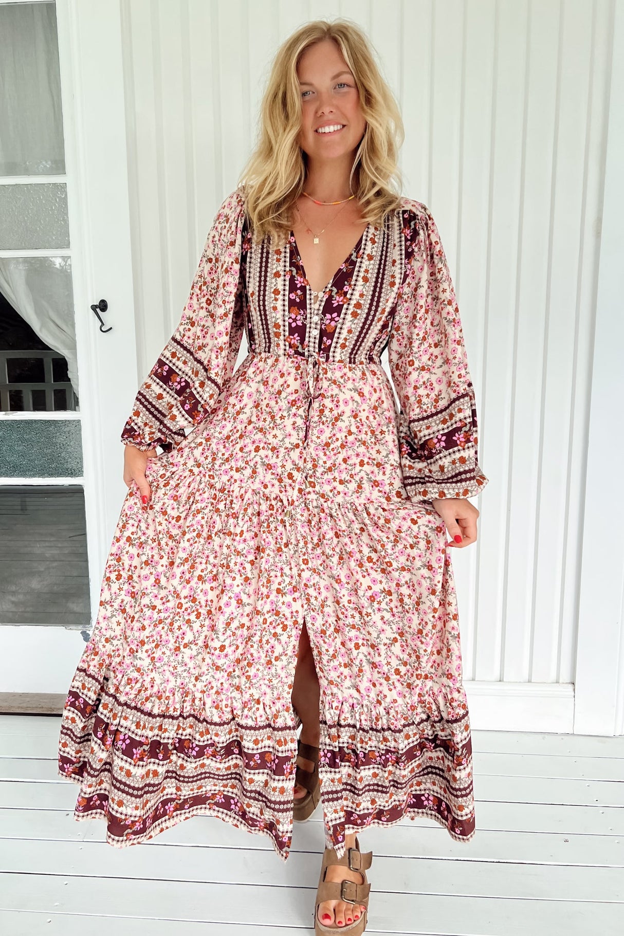 JAASE - Teresa Maxi Dress: A Line Dress with Long Balloon Sleeves in Madelene Print