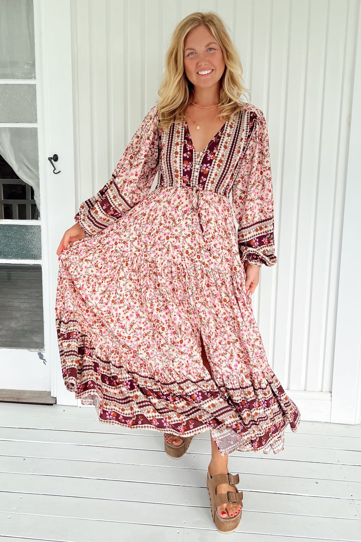 JAASE - Teresa Maxi Dress: A Line Dress with Long Balloon Sleeves in Madelene Print