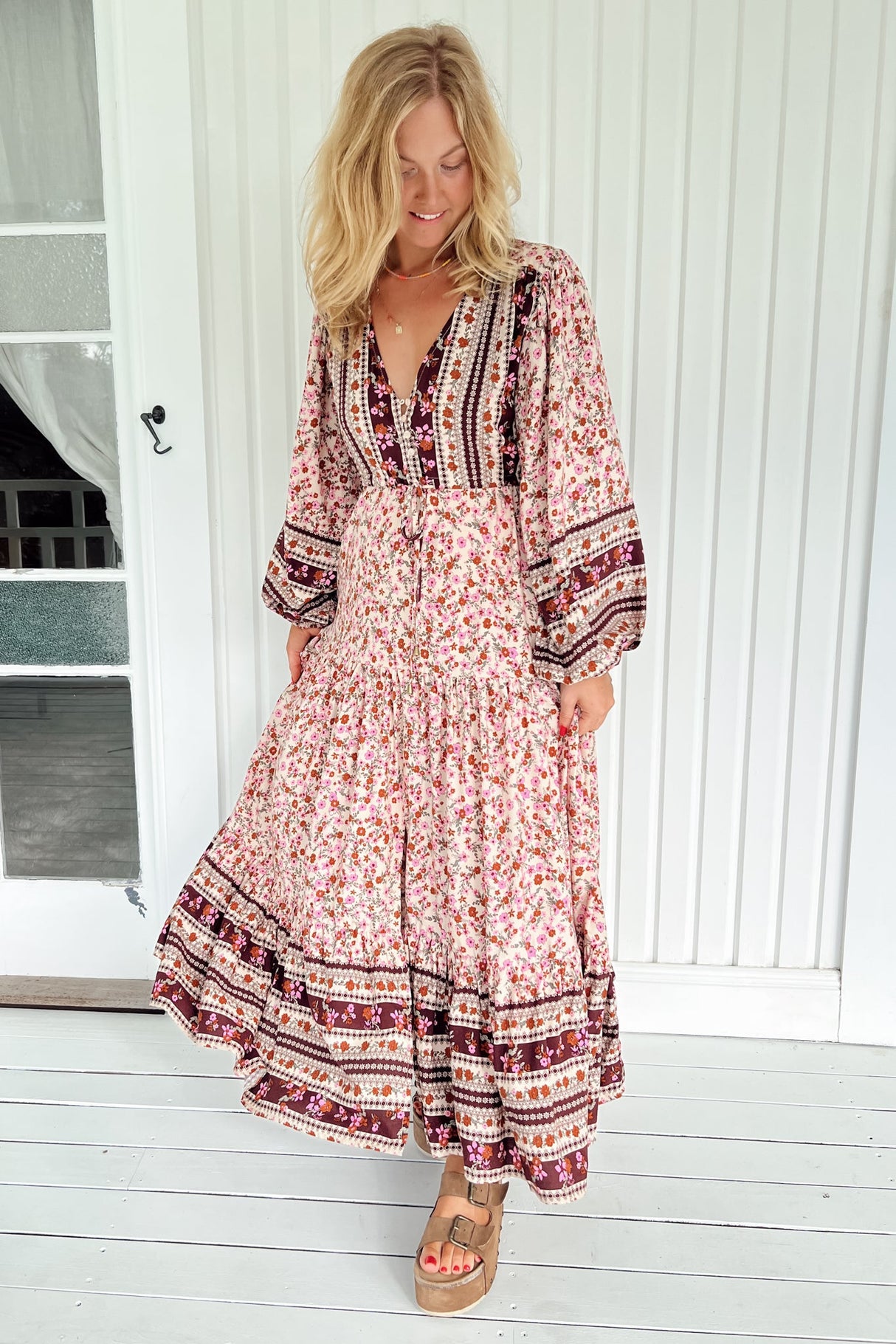 JAASE - Teresa Maxi Dress: A Line Dress with Long Balloon Sleeves in Madelene Print