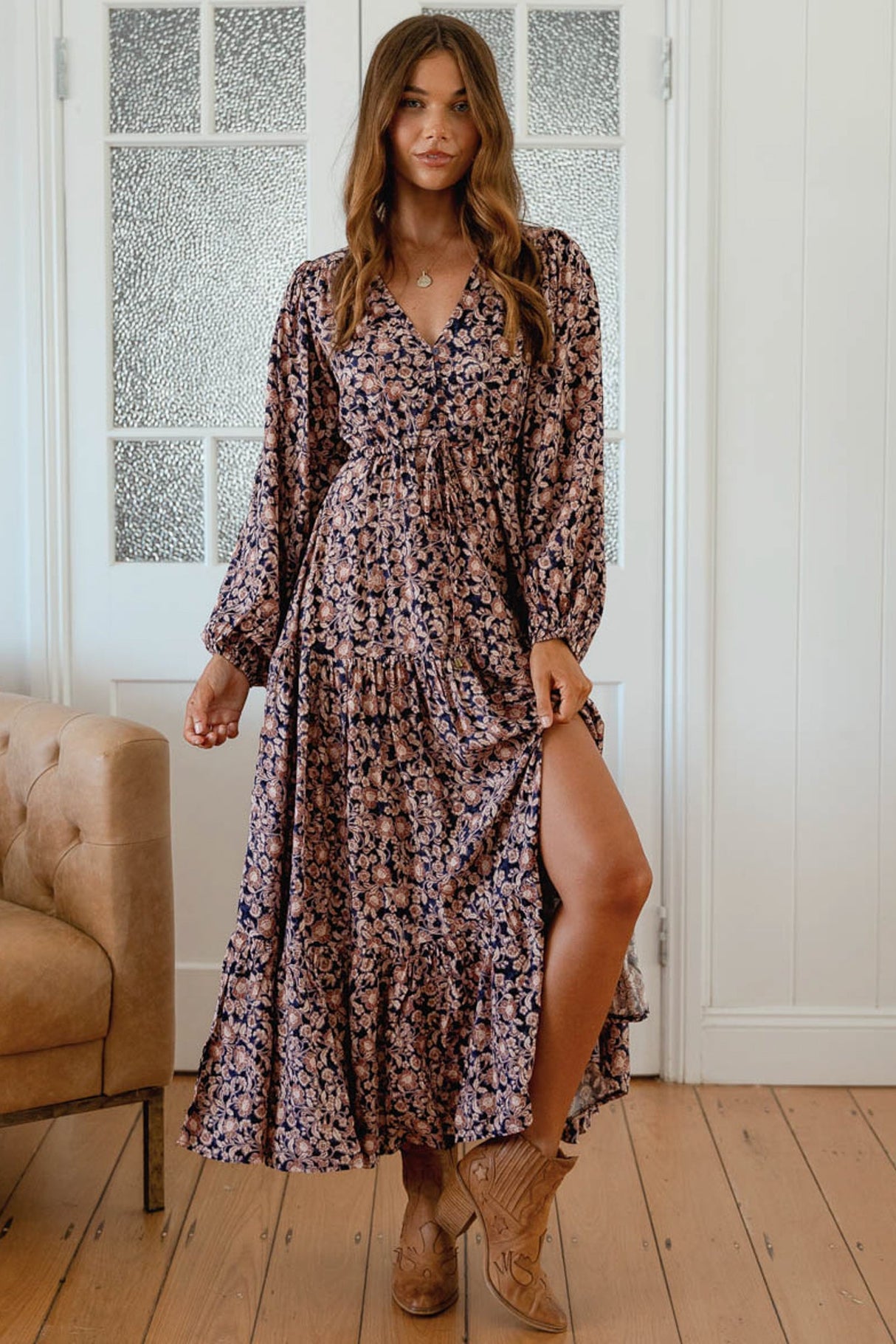 JAASE - Teresa Maxi Dress: A Line Dress with Long Balloon Sleeves in Midnight Meadow Print