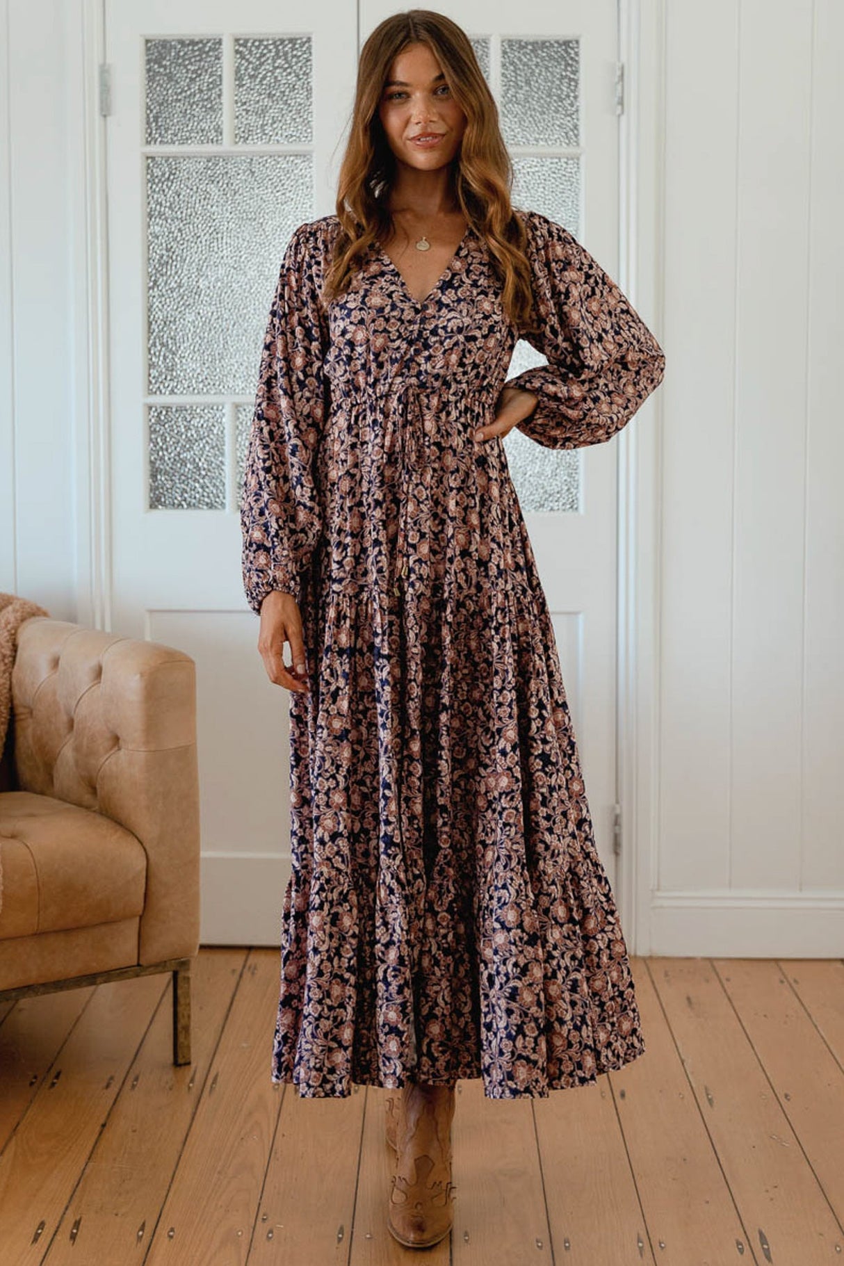 JAASE - Teresa Maxi Dress: A Line Dress with Long Balloon Sleeves in Midnight Meadow Print