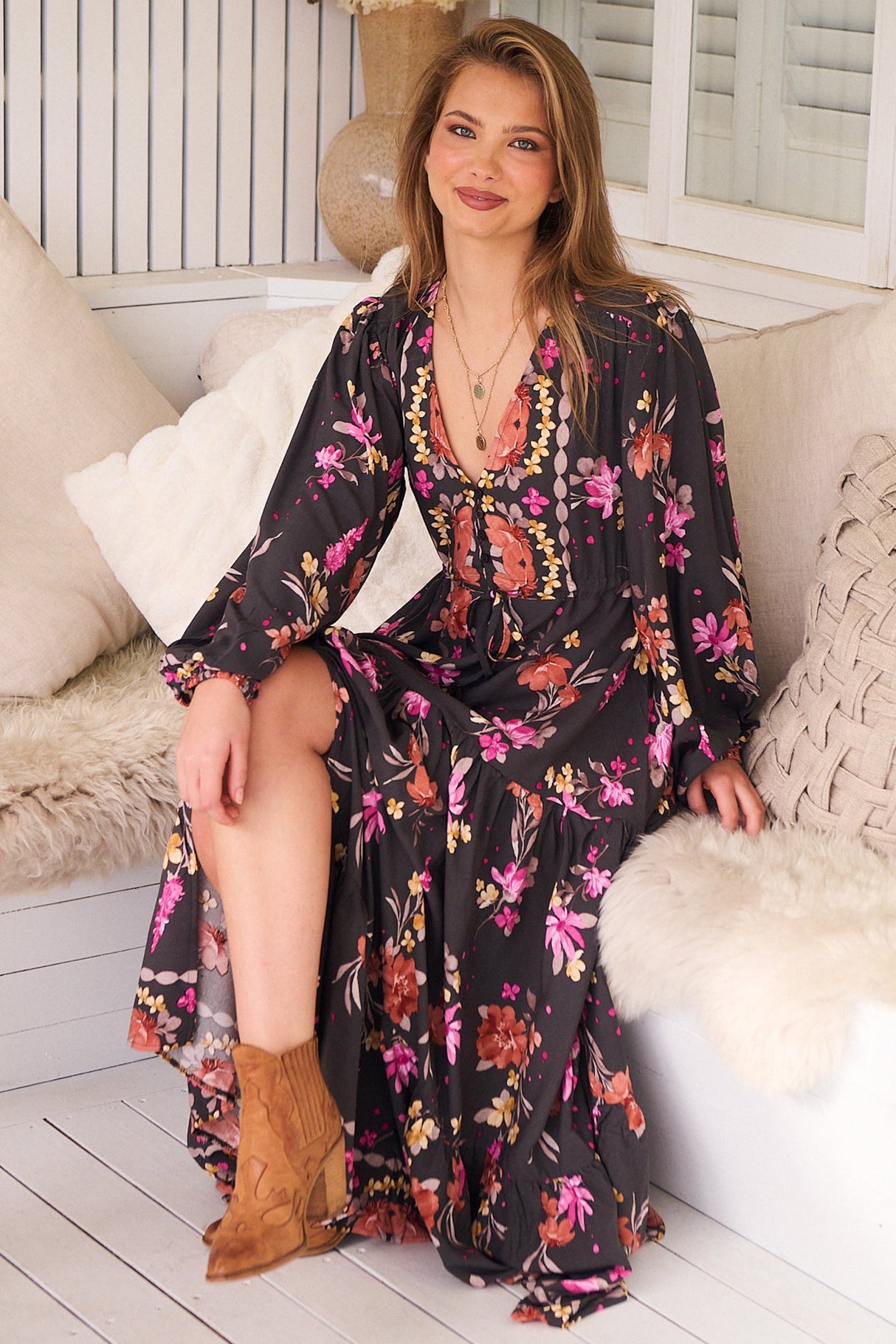 JAASE - Teresa Maxi Dress: A Line Dress with Long Balloon Sleeves in Monarch Bloom Print