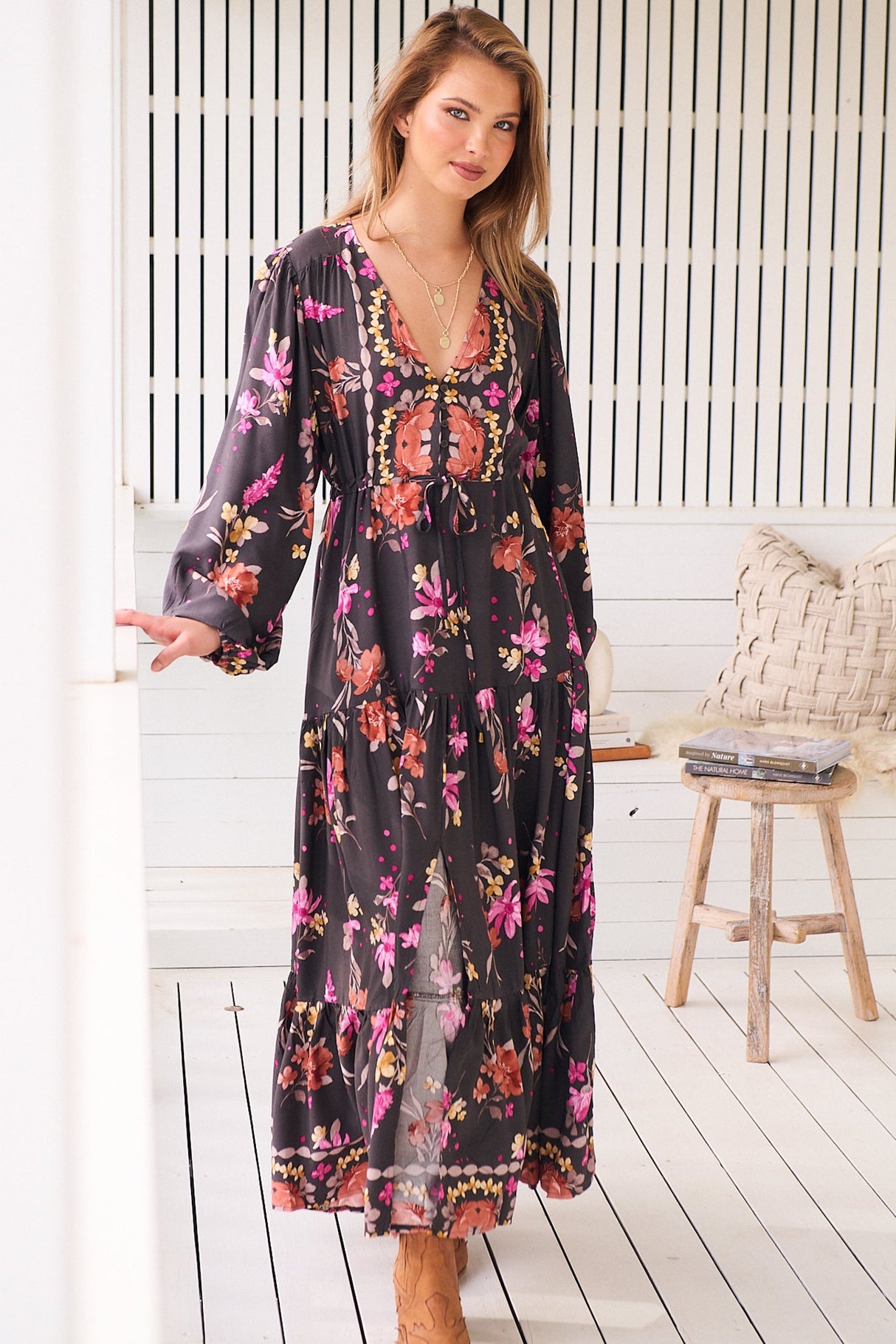 JAASE - Teresa Maxi Dress: A Line Dress with Long Balloon Sleeves in Monarch Bloom Print