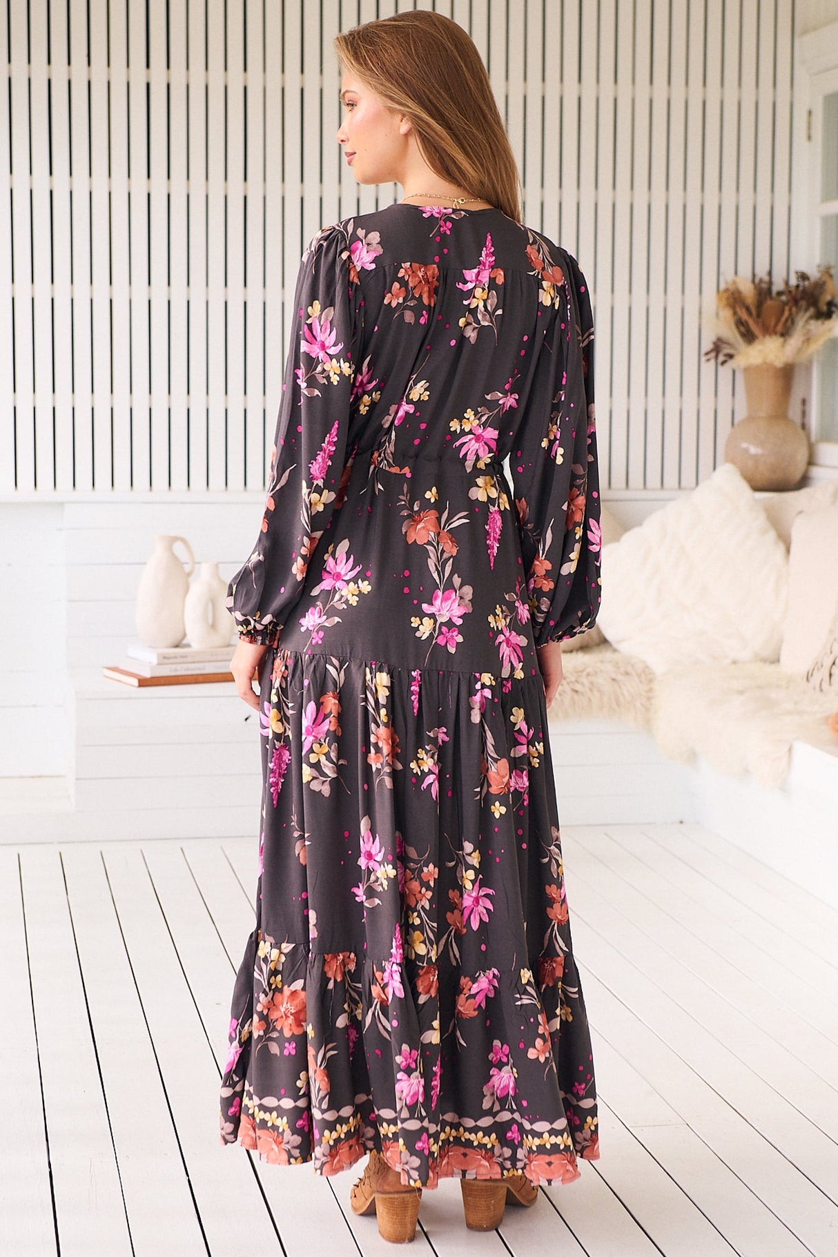 JAASE - Teresa Maxi Dress: A Line Dress with Long Balloon Sleeves in Monarch Bloom Print