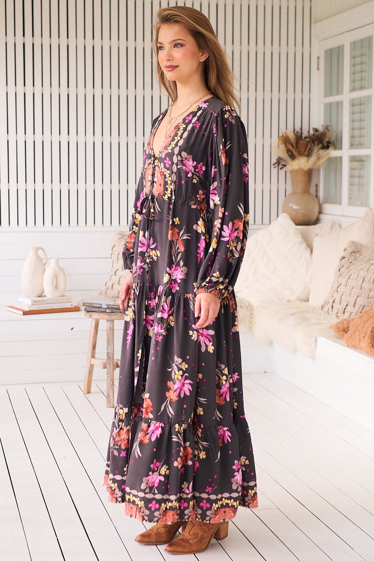 JAASE - Teresa Maxi Dress: A Line Dress with Long Balloon Sleeves in Monarch Bloom Print