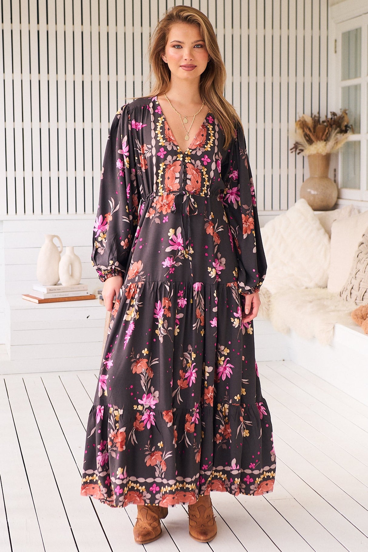 JAASE - Teresa Maxi Dress: A Line Dress with Long Balloon Sleeves in Monarch Bloom Print