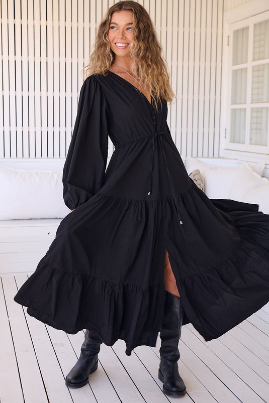 JAASE - Teresa Maxi Dress: A Line Dress with Long Balloon Sleeves in Onyx