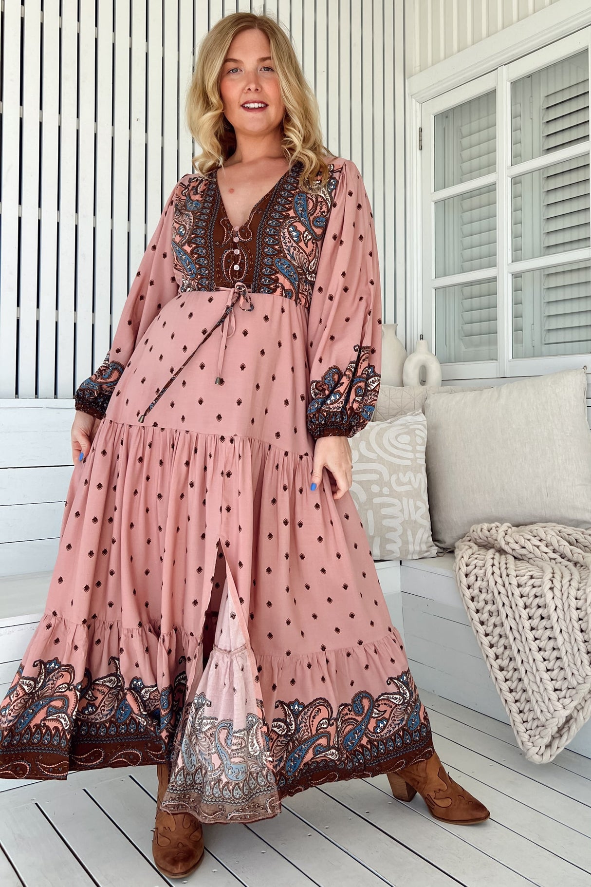 Teresa Maxi Dress - A Line Dress with Long Balloon Sleeves in Seraphina Print