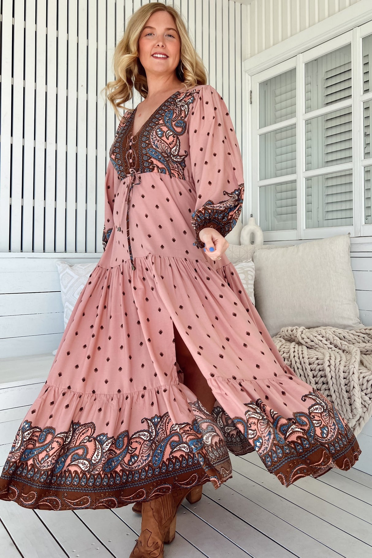 Teresa Maxi Dress - A Line Dress with Long Balloon Sleeves in Seraphina Print