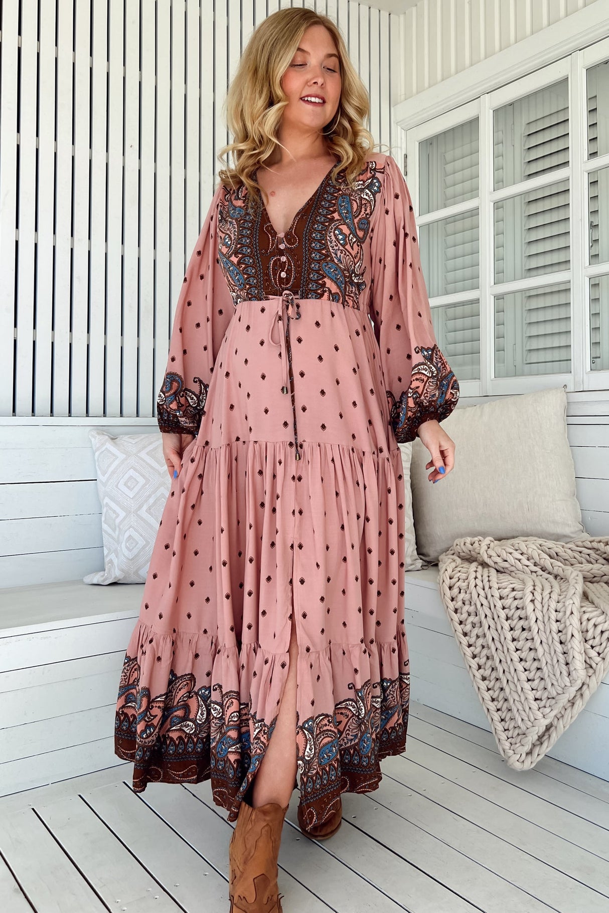 Teresa Maxi Dress - A Line Dress with Long Balloon Sleeves in Seraphina Print