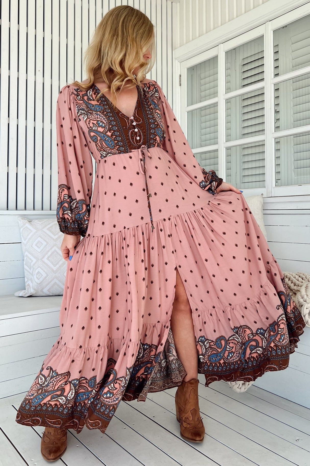 Teresa Maxi Dress - A Line Dress with Long Balloon Sleeves in Seraphina Print