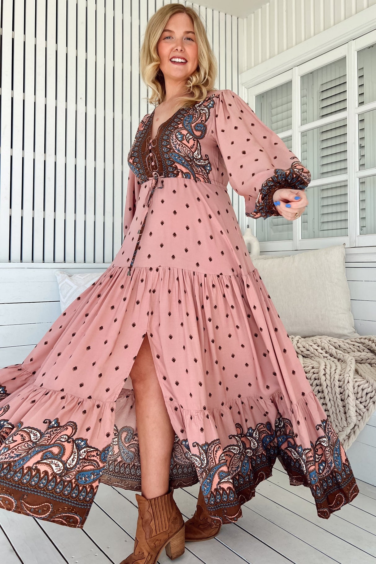 Teresa Maxi Dress - A Line Dress with Long Balloon Sleeves in Seraphina Print